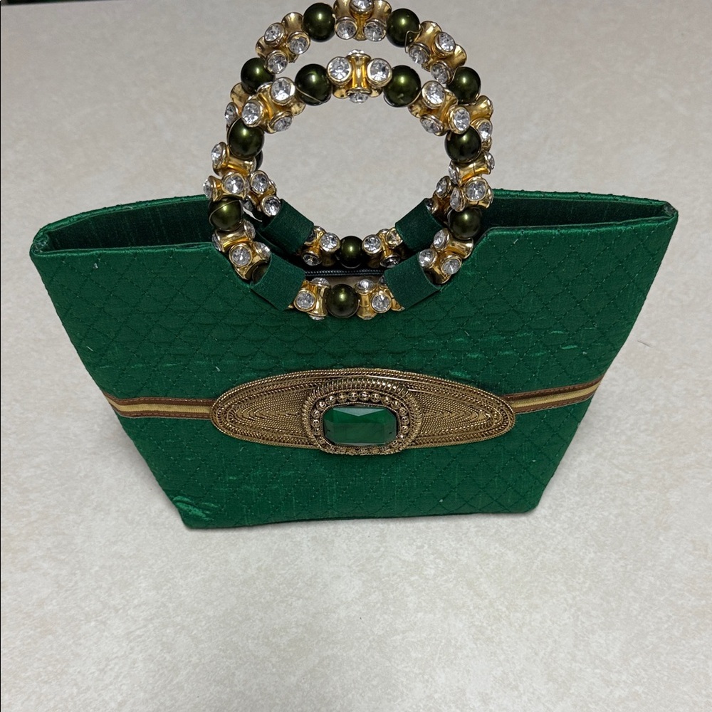 A Classy Chic Boutique Green Quilted Clutch with Beaded Handles